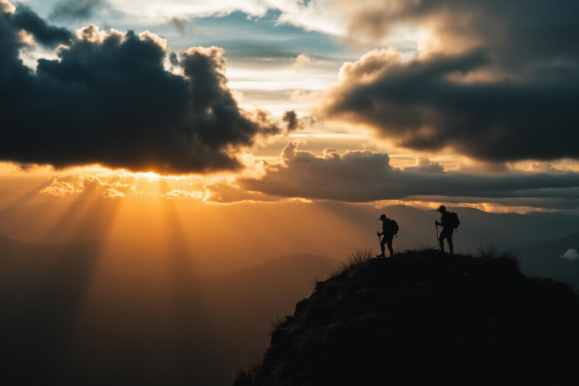 Scouts hiking a ridge at sunrise